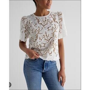 Express White Embroidered Crochet Lace Top Puff Lined Sz L Romantic Cottagecore